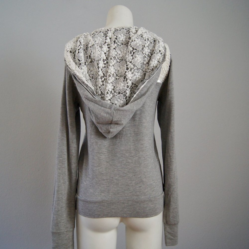 Beach Bunny Lounge Zip Hoodie S | Gray White Lace - Picture 6 of 9